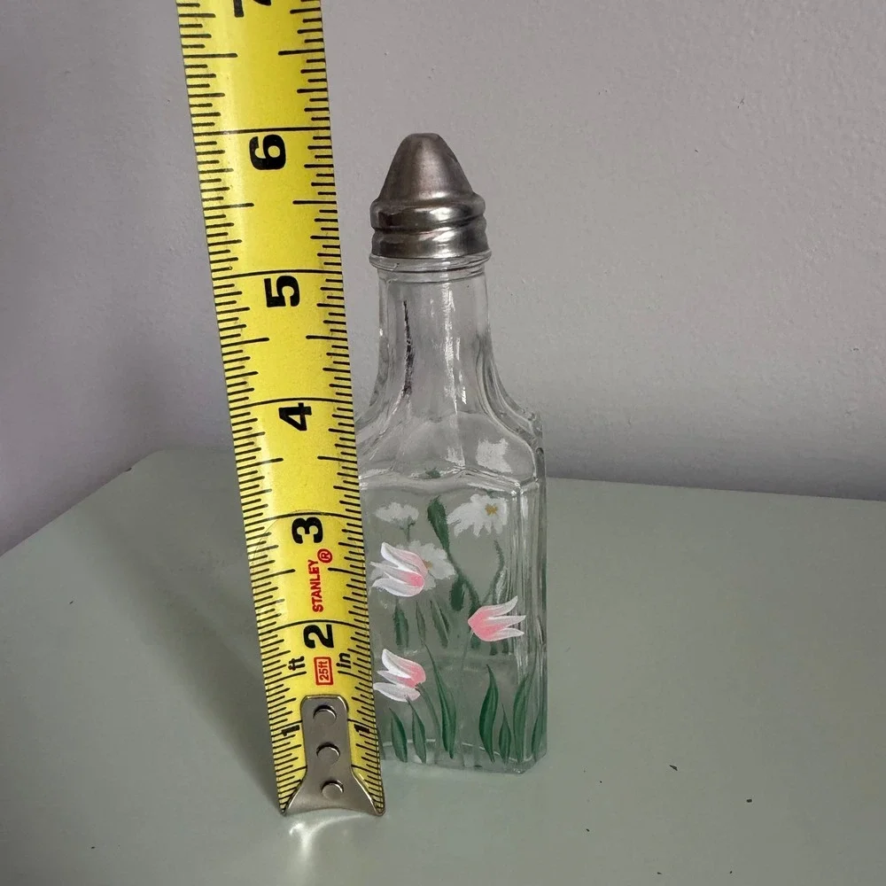 Vintage Hand Painted Floral Glass Shaker Bottle with Metal Cap 5.5 Inch